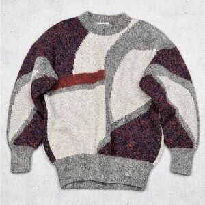 Men's Vintage Abstract Pattern Crewneck Sweater Gray, Burgundy, Cream Geometric